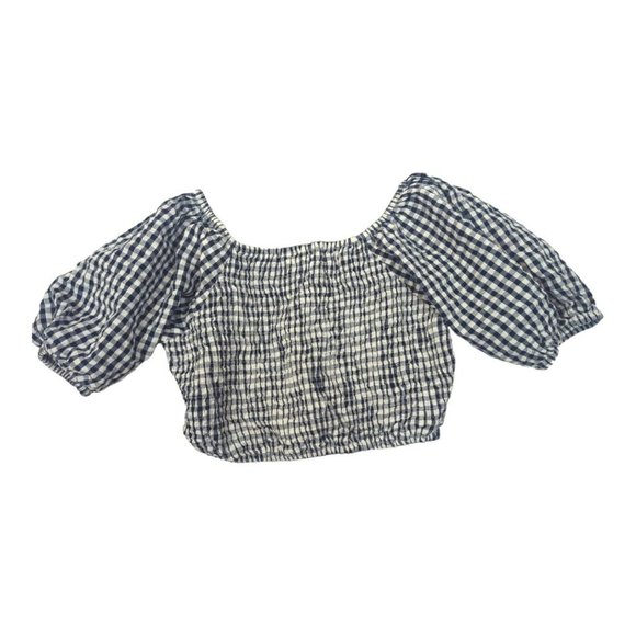 Sim & Sam Blue and White Gingham Seersucker Smocked Crop‎ Top Small - Picture 3 of 6
